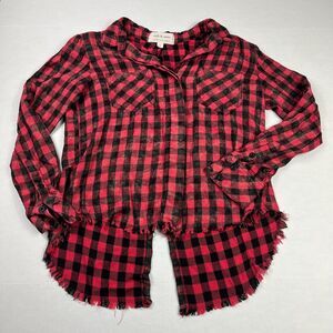 Cloth & Stone Red Black Buffalo Check Button Shirt Small Raw Hem Hi Low Grunge